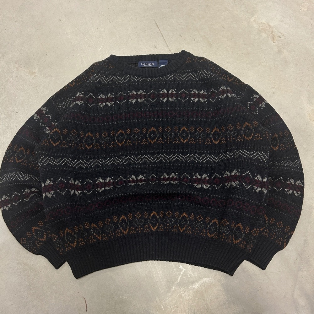 Van Heusen Mens Fair Isle Knit Sweater Black Patterned Crew Neck Size M